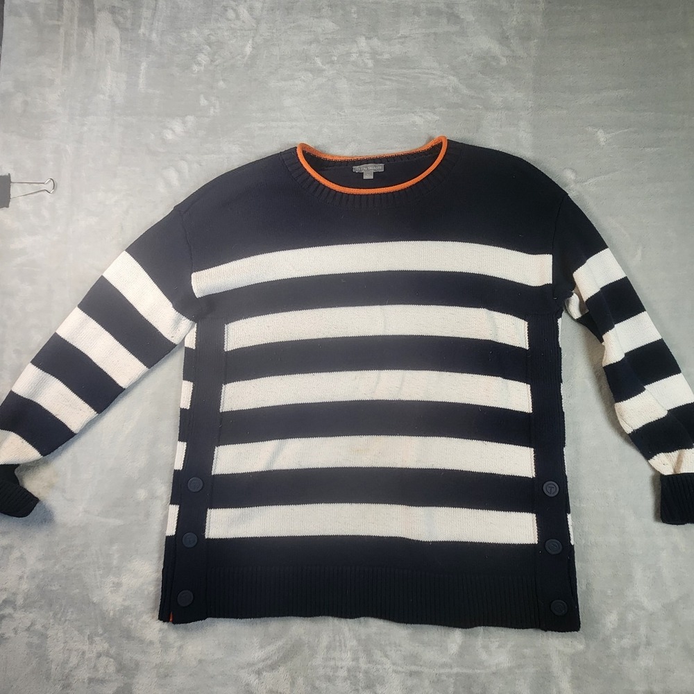 T by Talbots Coolmax Crewneck Sweater Navy/White Stripe Sz PS Petite Long Sleeve